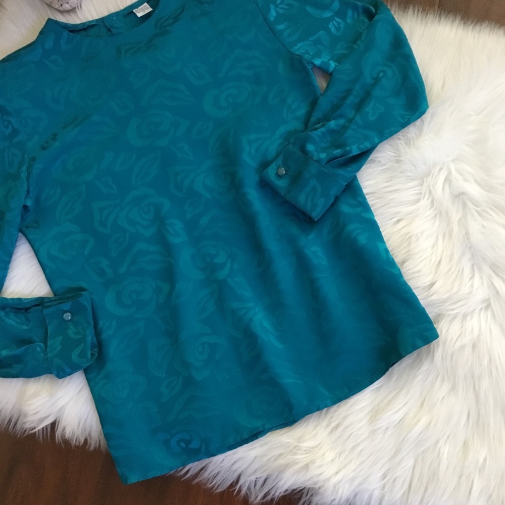 Vintage Turquoise Floral 100% Pure Silk Long Sleeve Top Size 4 - Picture 2 of 9